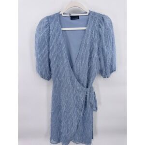 Lucy Paris Lennox Feather Mini Dress Wrap Puff Sleeve‎ DR5348-LTBLU Size S New